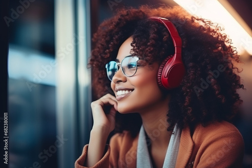 Attractive black woman listening to music photo