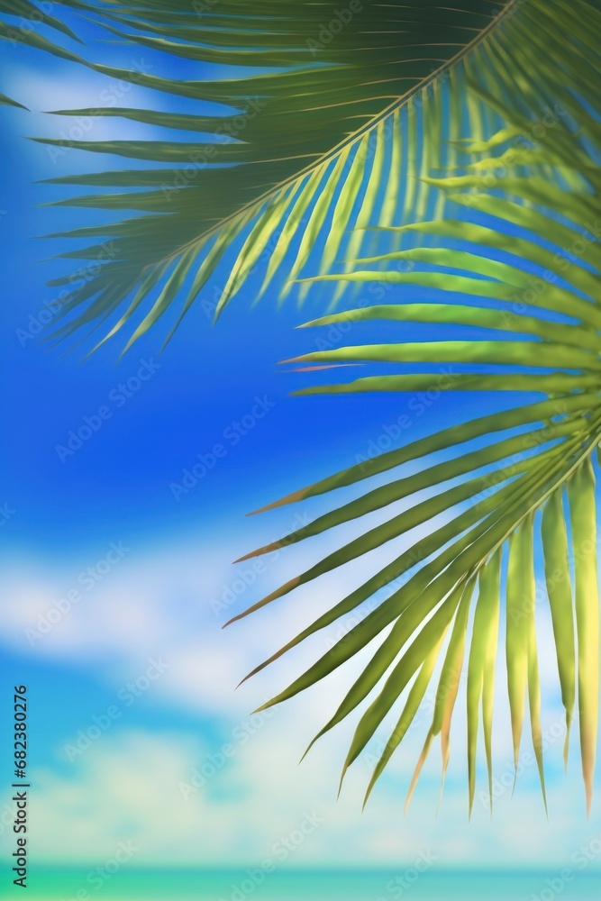 Fototapeta premium Palm leaves and beach and ocean. Tropical background. Generative AI