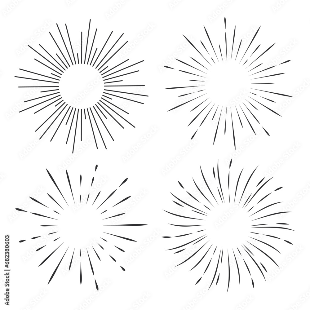 Set Fireworks, rays, sunburst frames circle border decoration, sparkle in doodle style, line sketch explosion isolated on white background. Set Fireworks, rays, sunburst frames circle border decoration, sparkle in doodle style, line sketch explosion isolated on white background.
