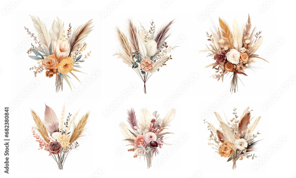 Set of watercolor boho flower bouquets with dried grass on a white background - obrazy, fototapety, plakaty 