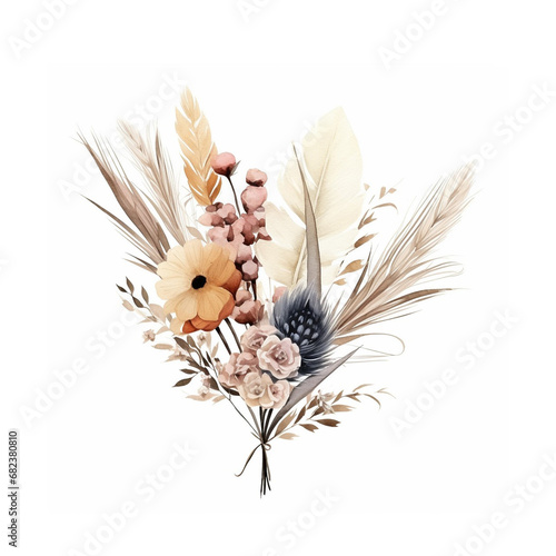 Watercolor boho flower bouquets with dried grass on a white background