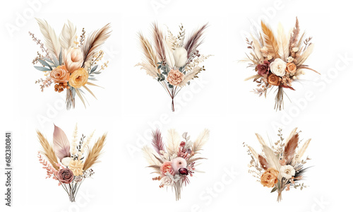 Set of watercolor boho flower bouquets with dried grass on a white background