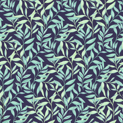 Pastel green leaves stem seamless pattern on a dark background. Abstract, tropical, modern, ornate branches leaf print. Vector hand drawn. Design for fabric, fashion, wallpaper, textile