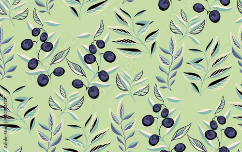 Creative stem leaves olive branch, olive berries, seamless pattern on a pastel mint background. Modern, stylized, vibrant branches leaf print. Vector hand drawn flat sketch. Design for fabric, fashion