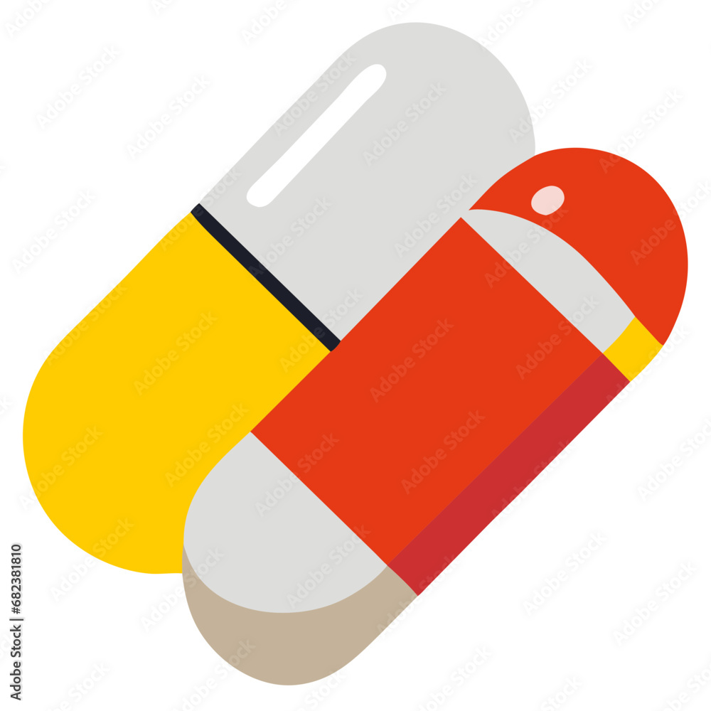 Illustration of a red and yellow pill on a white background. generative AI Illustration of a red and yellow pill on a white background. generative AI