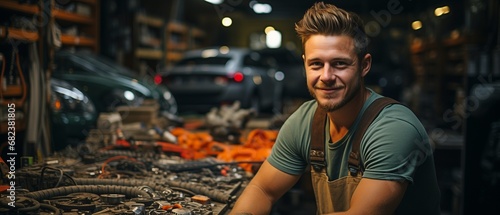 Young Australian tradesman in an auto repair shop, repairing an engine. photo