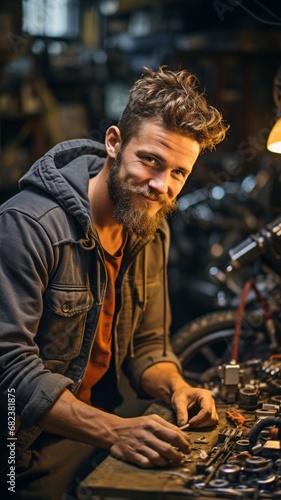 Wallpaper Mural Young Australian tradesman in an auto repair shop, repairing an engine. Torontodigital.ca