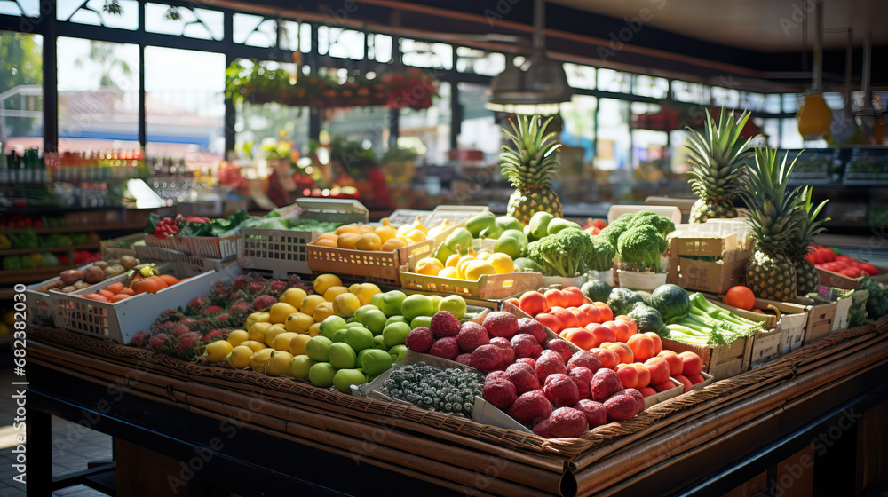 Fototapeta premium Fruits and vegetables at indoor grocery store healthy living. Concept of Indoor Market Bounty, Healthy Grocery Finds, Fresh Produce Haven, Nutrient-Rich Choices.