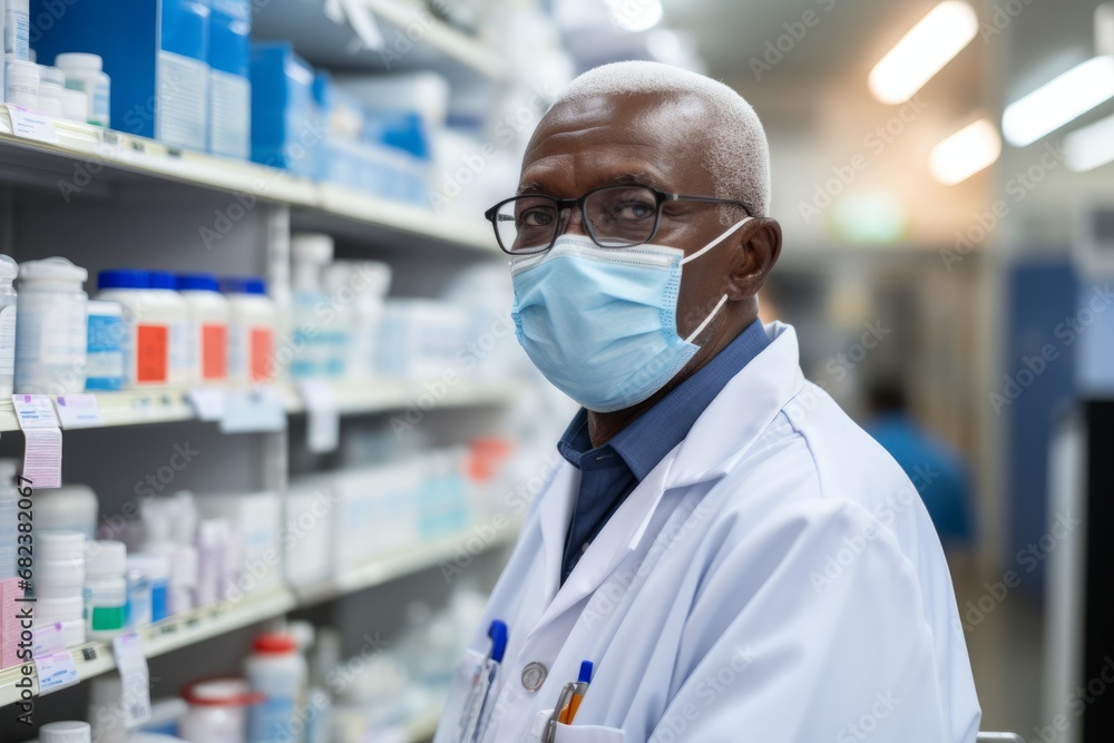 Male pharmacist of African descent with glasses in a mask Male pharmacist of African descent with glasses in a mask