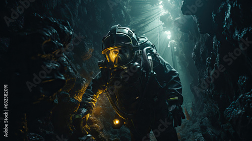 Scuba diver swimming through cave entrance. Concept of Underwater Cave Expedition, Diving into the Depths, Cave Explorer Beneath the Waves, Scuba Diver's Subterranean Journey, Submerged Adventure.