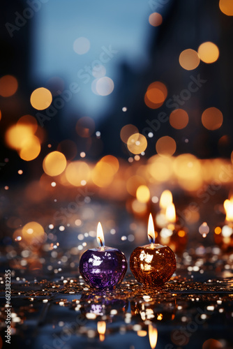 Gold and dark violet Fireworks and bokeh in New Year eve and copy space. AI generative