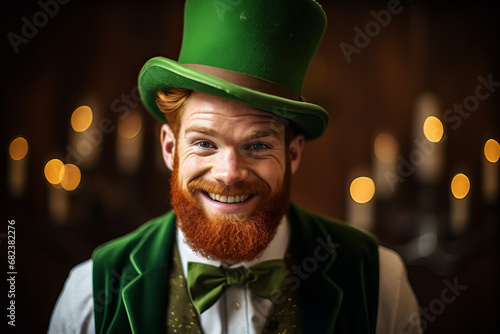 ginger Irish man in Leprechaun costume on a golden bokeh background for St. Patricks Day