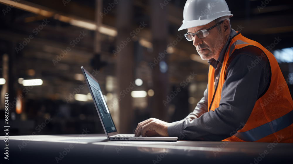 Mature construction worker or engineer is intently using a laptop on-site, wearing a safety helmet and reflective vest, with construction activity in the background. - obrazy, fototapety, plakaty 