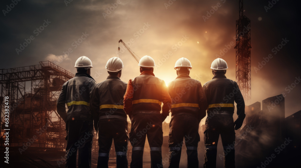 Group of construction workers in safety gear, including helmets and reflective vests, standing at a construction site, facing towards a sunrise or sunset