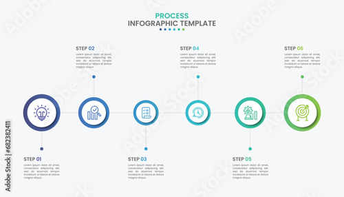 Timeline infographic with icons and 6 steps or process