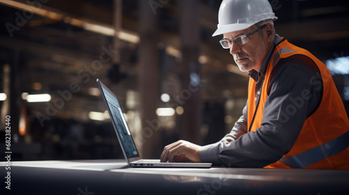 Mature construction worker or engineer is intently using a laptop on-site, wearing a safety helmet and reflective vest, with construction activity in the background. photo
