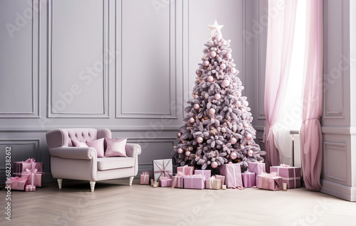 Christmas tree in minimalist trends in a fashionable soft pink interior  gifts in boxes  a large cozy sofa  a large luxurious window in the interior  high-quality photos