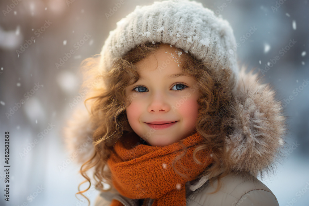 Generative AI portrait of young cute child in snowy forest park tree magic atmosphere Generative AI portrait of young cute child in snowy forest park tree magic atmosphere