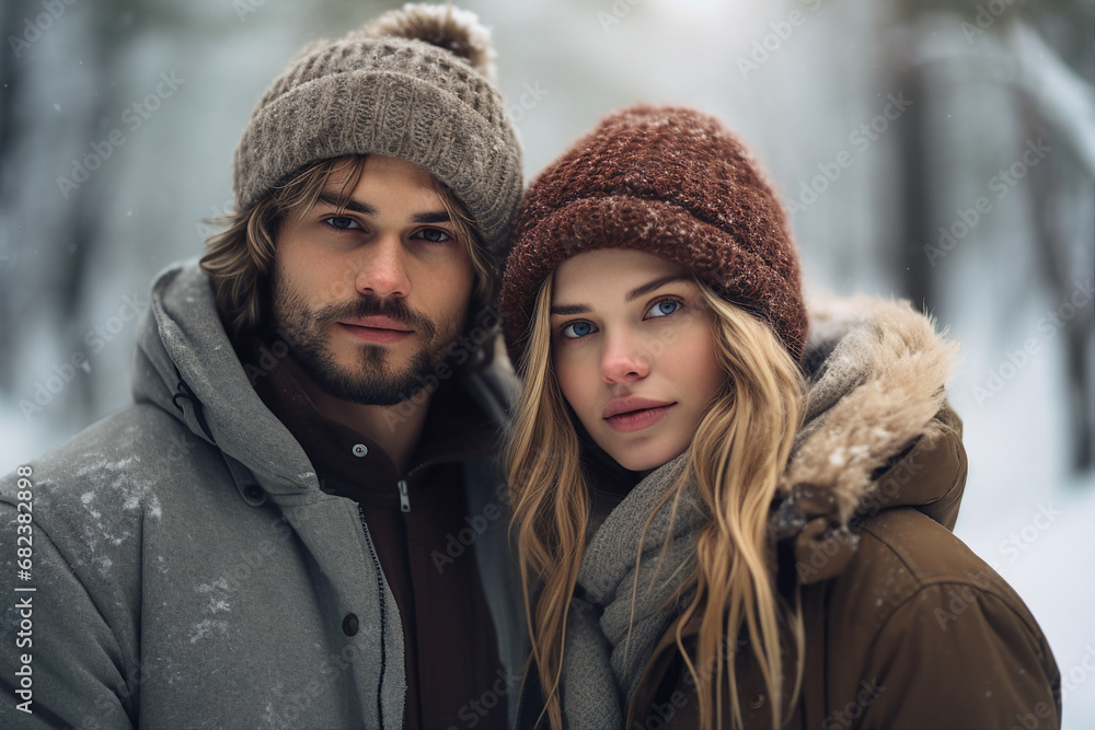 Young active couple walking snowy day fresh air forest Generative AI