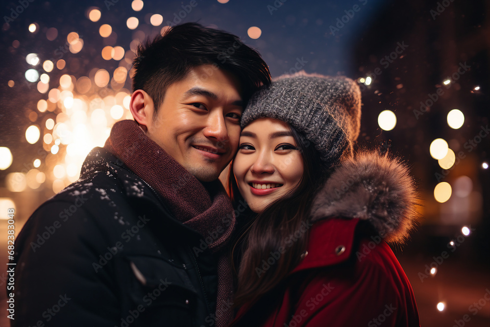 Adorable couple meeting new year together watching admiring fireworks Generative AI artwork Adorable couple meeting new year together watching admiring fireworks Generative AI artwork