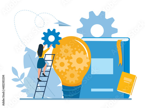 Vector of a young woman climbing up a ladder, looking for new business ideas