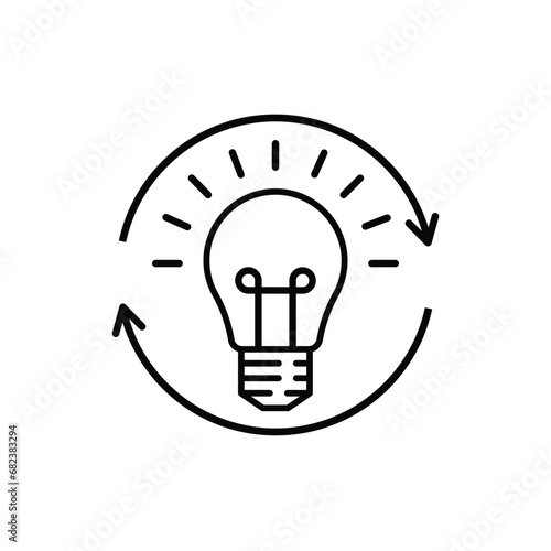 thin line light bulb and arrow like innovation. linear simple renewable energy or quizz logotype stroke art design web lineart element isolated on white. concept of aha moment or think outside the box