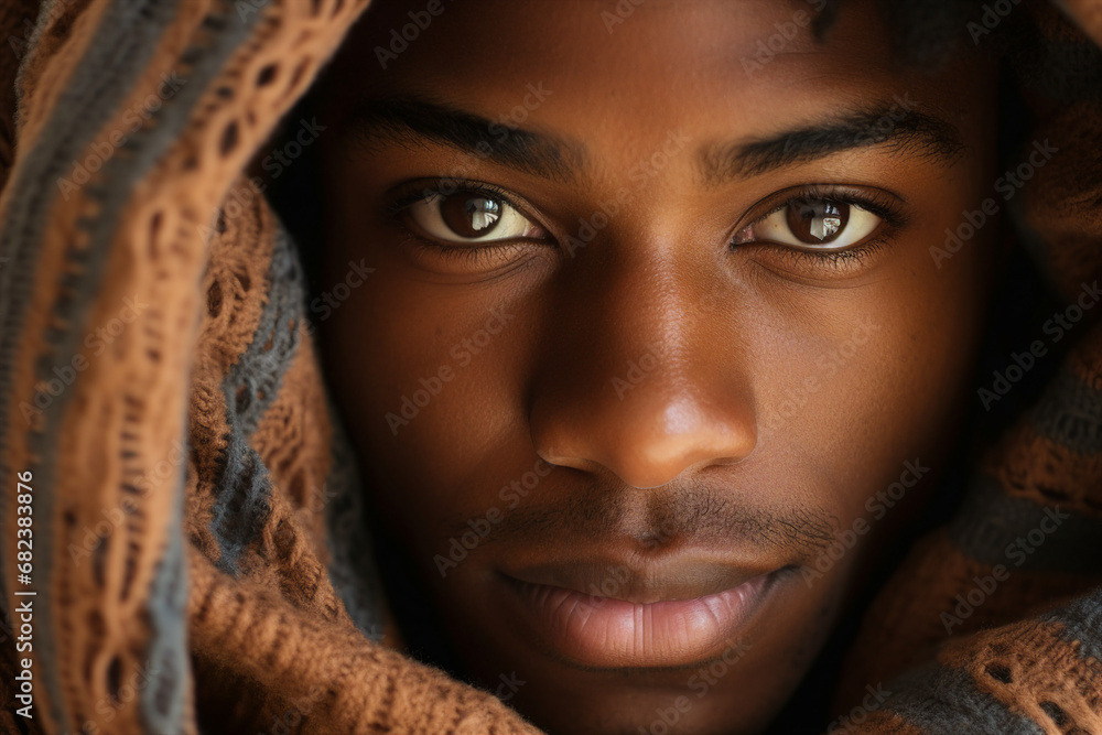 Generative AI closeup portrait comfort content concept young person wrapped in warm laundry blanket Generative AI closeup portrait comfort content concept young person wrapped in warm laundry blanket