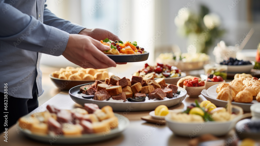 Array of various foods laid out on a table, indicating a buffet-style meal possibly for a brunch or a social event. Array of various foods laid out on a table, indicating a buffet-style meal possibly for a brunch or a social event.