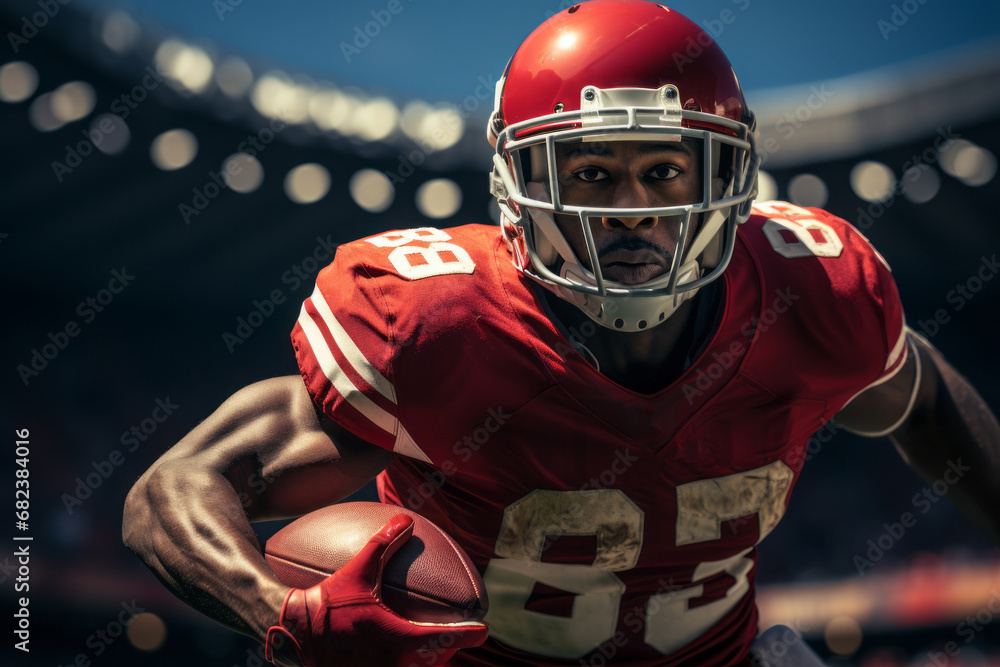 Fototapeta premium American football player of African descent in a red uniform runs with the ball