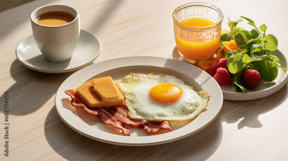Breakfast plate with fried eggs, bacon, a side salad of arugula and greens, slices of orange, toast, and a cup of tea on a white marble tabletop. Breakfast plate with fried eggs, bacon, a side salad of arugula and greens, slices of orange, toast, and a cup of tea on a white marble tabletop.