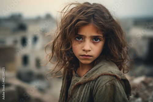 Image of an orphaned child in front of the ruins of town destroyed in the war generative ai photo