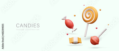 Placard with composition with tasty sweets on gray background. Caramel, lollipops and other sweets in realistic 3d style. Vector illustration in 3D style