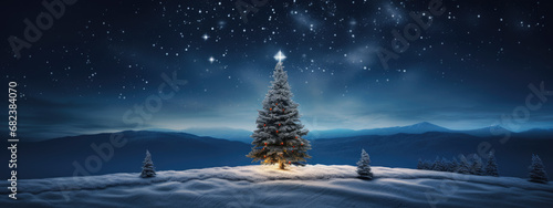 A majestic illuminated Christmas tree stands in a snowy meadow, surrounded by a dense pine forest under a starry night sky.