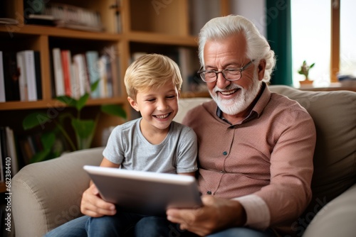 White old man with glasses, white hair, and beard sits with his grandson on a couch, uses a tablet and smiles