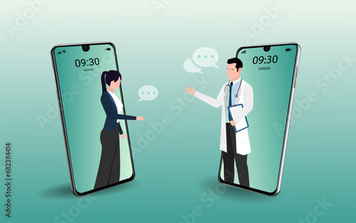 Doctor online on smartphone app with doctor and  patient. Online medical clinic, Healthcare and medical consultation, Ask a doctor, meeting doctor. Telemedicine concept. 3D vector illustration