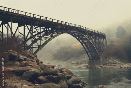 Old railway bridge over the river in foggy day. Toned, Vintage bridge , AI Generated