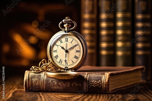 Vintage pocket watch with books on wooden background. Retro style, Vintage clock hanging on a chain on the background of old books, AI Generated