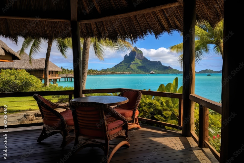 Table and chairs on the terrace with view of the island of Mauritius, Vista Bungalow Bora Bora, AI Generated
