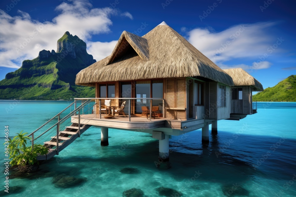 tropical house on the water. 3D render of a tropical house, Vista Bungalow Bora Bora, AI Generated