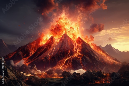 Fiery volcano eruption. 3D illustration. Elements of this image furnished by NASA, Volcanic Mountain In Eruption - 3D rendering, AI Generated