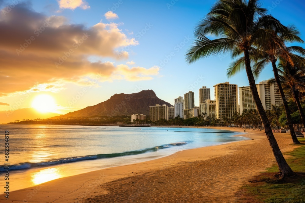 Tropical beach in Rio de Janeiro, Brazil, South America, Waikiki Beach and Diamond Head Crater including the hotels and buildings in Waikiki, Honolulu, Oahu island, Hawaii, AI Generated