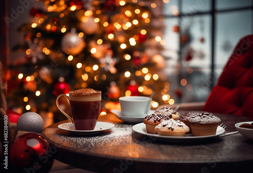 Christmas time. Served coffee table with hot drink and cookies against fir tree photo