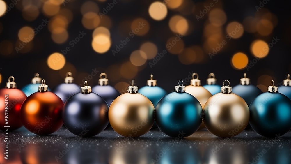 Row of colorful Christmas baubles against a backdrop of warm bokeh lights Row of colorful Christmas baubles against a backdrop of warm bokeh lights
