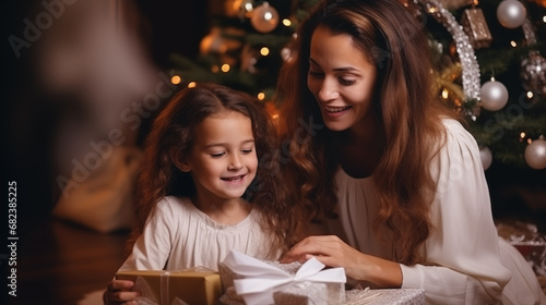 Merry Christmas and Happy Holidays - Cheerful mom and her cute daughter girl exchanging gifts, Smiling daughter gives present to mommy in living room with decorated tree in, generative ai