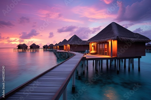 Tropical beach with water bungalows at sunset, Maldives, Water villas on Maldives resort island in sunset, AI Generated