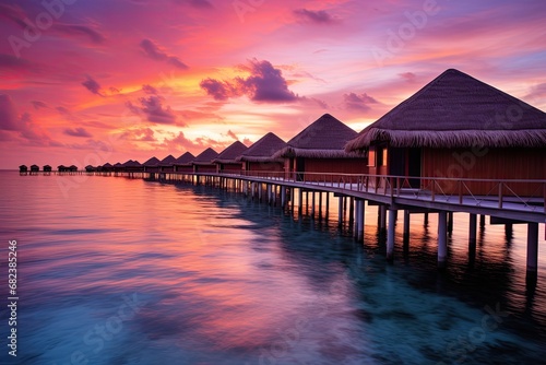 Beautiful sunset at Maldives islands with wooden water bungalows, Water villas on Maldives resort island in sunset, AI Generated