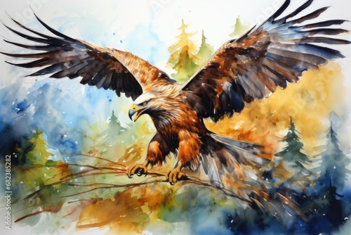 Eagle bird flying in the forest. Watercolor painting illustration, Watercolor abstract illustration of a golden eagle. Golden Eagle in action, AI Generated © Iftikhar alam