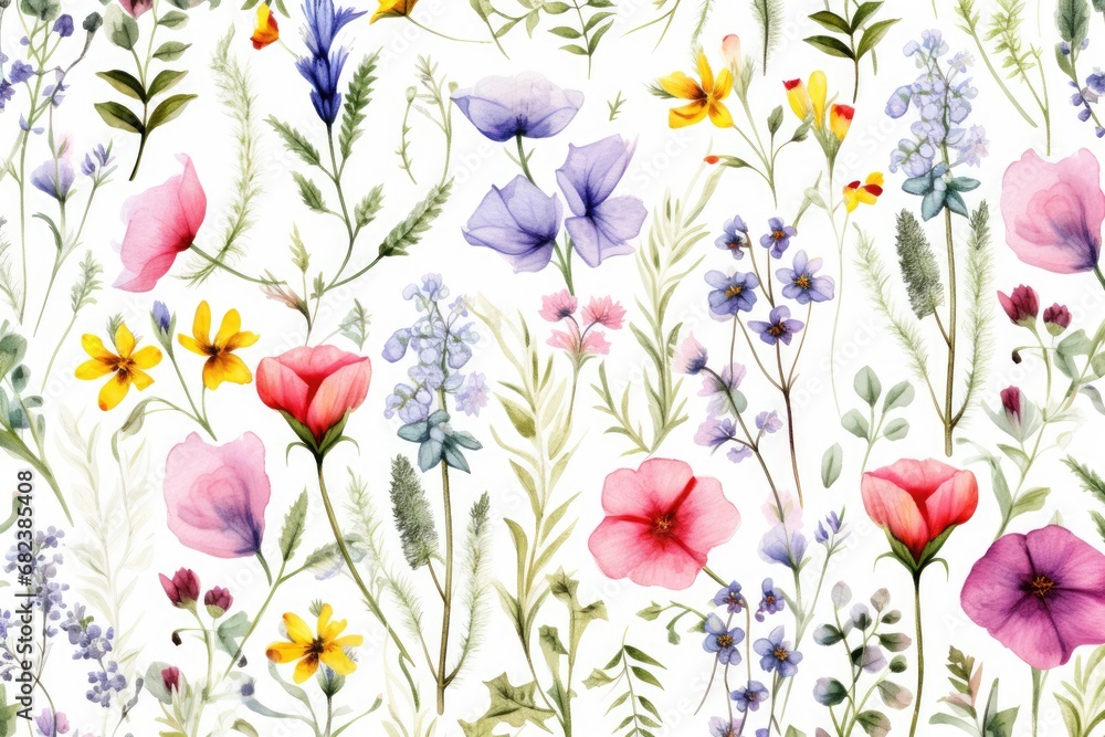 Seamless pattern with watercolor flowers. Hand-drawn illustration, Watercolor floral seamless pattern with colorful wildflowers and leaves, AI Generated