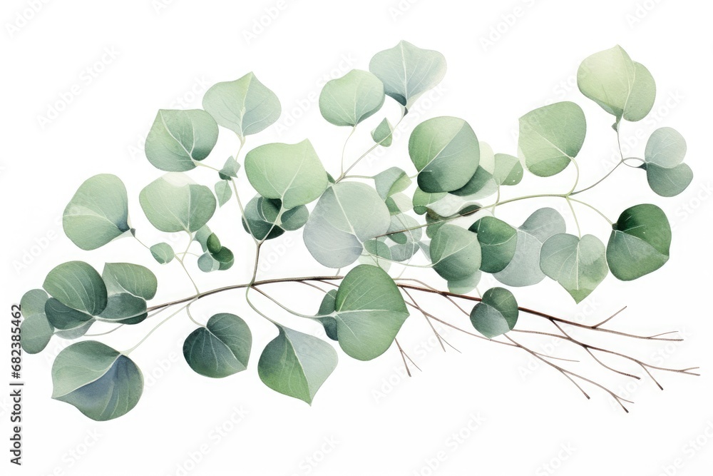 Eucalyptus branch with leaves isolated on white background, Watercolor green floral card with silver dollar eucalyptus leaves and branches isolated on white background, AI Generated - obrazy, fototapety, plakaty 