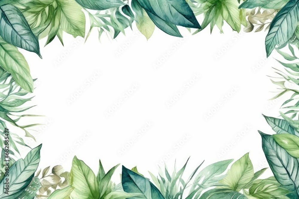 Watercolor tropical green leaves frame with space for text on white background, Watercolor hand painted frame with tropical green leaves and branches, AI Generated